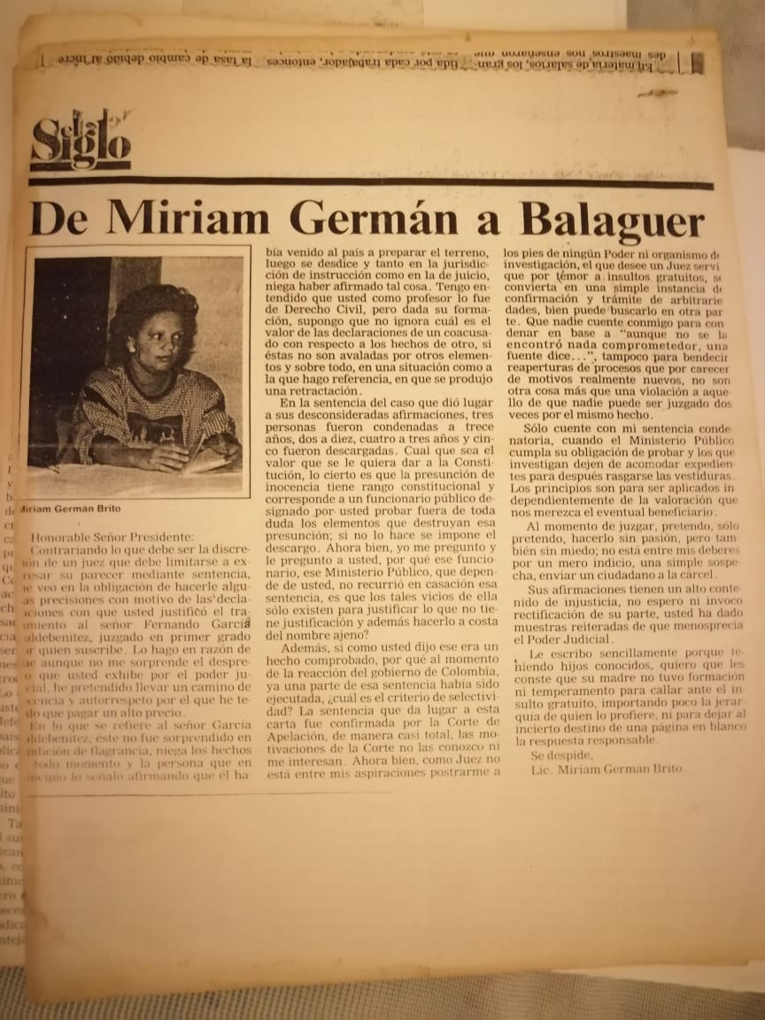 Carta de Miriam Germán a Balaguer. 